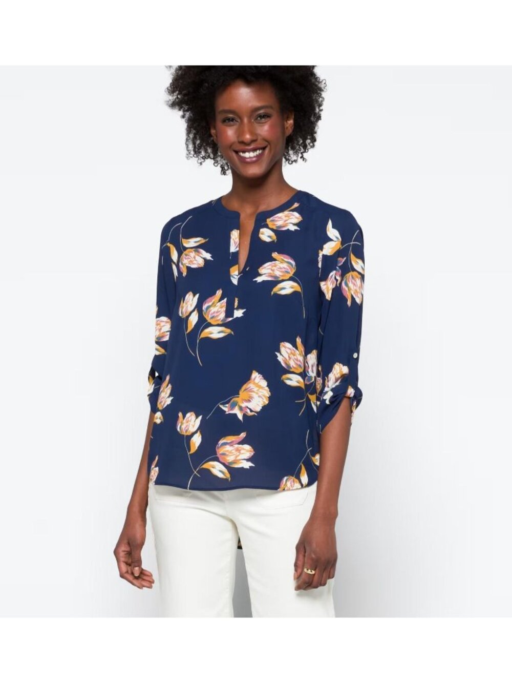 Daniel Rainn Floral Blouse Womens XXL Blue Roll Tab Sleeve Split Neck Hi Low Hem